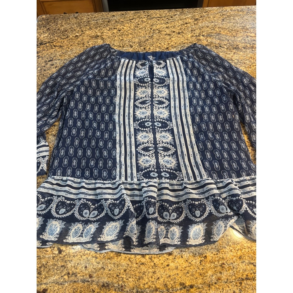 St Johns Bay Women Blue White Paisley Print Peasant Tunic Top Size L - Picture 2 of 8